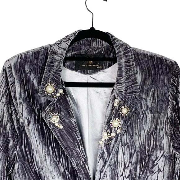 NICE ISTANBUL Crushed Velvet Longline Blazer With Pearl and Rhinestone Accents - Picture 3 of 7